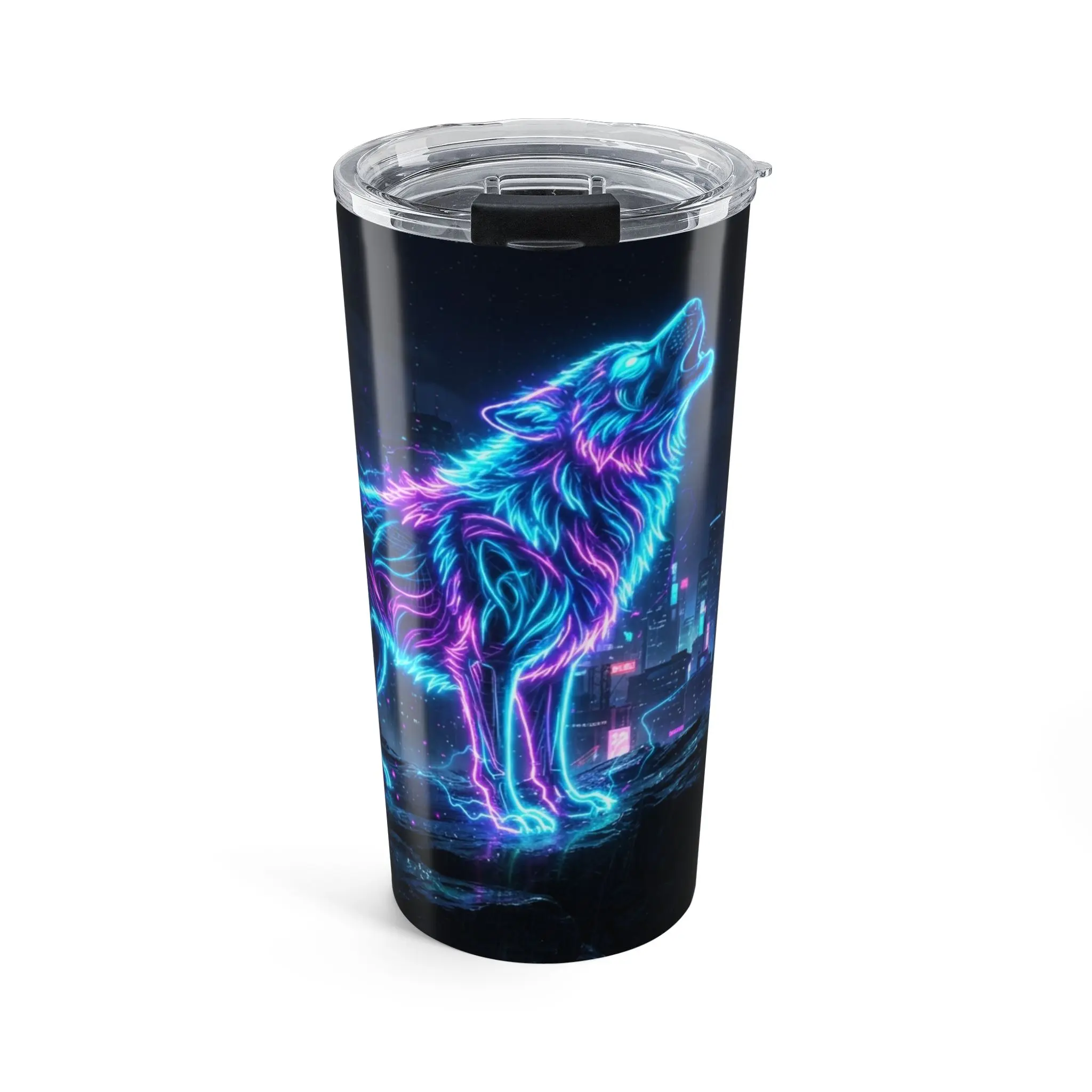 Neon Wolf Howl Tumbler | Cyberpunk City Night, 20oz