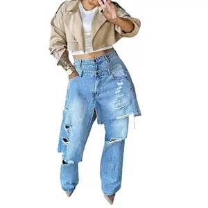 Women's Deconstructed 2 In 1 Jeans - Low Rise Vintage Wash & Asymmetric Distressed Rips | Edgy Streetwear Denim Pants For Concerts & Night Out & Party & Casual Fabric Womenswear Bottoms Fit Regular Fit Below the Ankle Blue Ripped Mom Fit Jeans