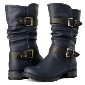 GLOBALWIN Mid-Calf Navy Blue Comfortable Fashion Dress Boots For Women Low Heel Size 6M
