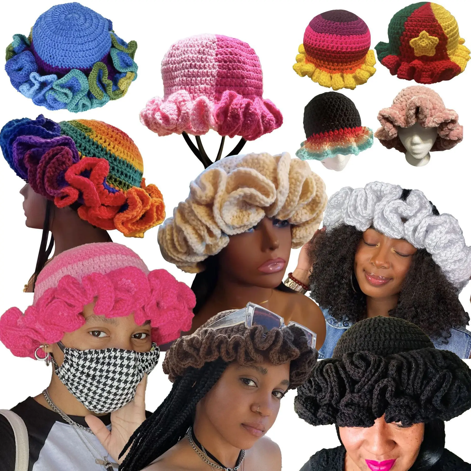 Pet Dog & Cat Hand Crochet Ruffle Bucket Hat - New Multicolor Frill-Edge Yarn Cap, Fashion Flounce Wavy Brim Accessory for Daily Streetwear