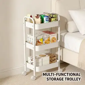 3-Tier Carbon Steel Rolling Storage Cart with Wheels, Narrow Breathable Mesh Baskets, 20 - 25 Kg Capacity, Easy Assembly Mobile Organizer Shelf for Bathroom, Laundry Room Small Space Organization (White/Pink)
