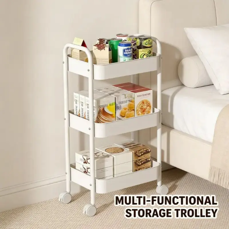 3-Tier Durable Carbon Steel Rolling Cart with Silent Castors, Narrow Breathable Mesh Baskets, 20-25 Kg Capacity, Easy Assembly Multi-Purpose Space-Saving Organizer for Bathroom, Laundry Room Small Spaces (White/Pink)