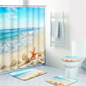 4 Piece Shower Sets, with 12, Ocean Summer Sea Seashell with Non-Slip Rugs, Lid Cover and Bath Mat for Set, 72" x 72"