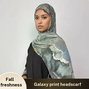 CL77 Elegant Printed Abaya with Marble Hijab Modest Muslim Women's Long Sleeve Open Abaya Dress for Eid Ramadan & Daily Wear,Fashionweek