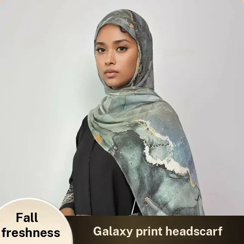 【FallFreshness】CL77 Elegant Printed Abaya with Marble Hijab Modest Muslim Women's Long Sleeve Open Abaya Dress for Eid Ramadan & Daily Wear,Fashionwee