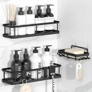 Shower Caddy Adhesive, No Drill Bathroom Shower Organizers, with Removable Hooks and Soap Holder, Rust Proof Shower Shelves, Wall-Mounted Shower Holder, 3 Pack, Black
