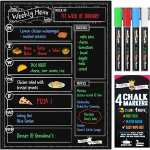 Magnetic Dry Erase Menu Board for Fridge Includes 4 Liquid Chalk Markers - Weekly Meal Planner Blackboard, Grocery List & Notepad