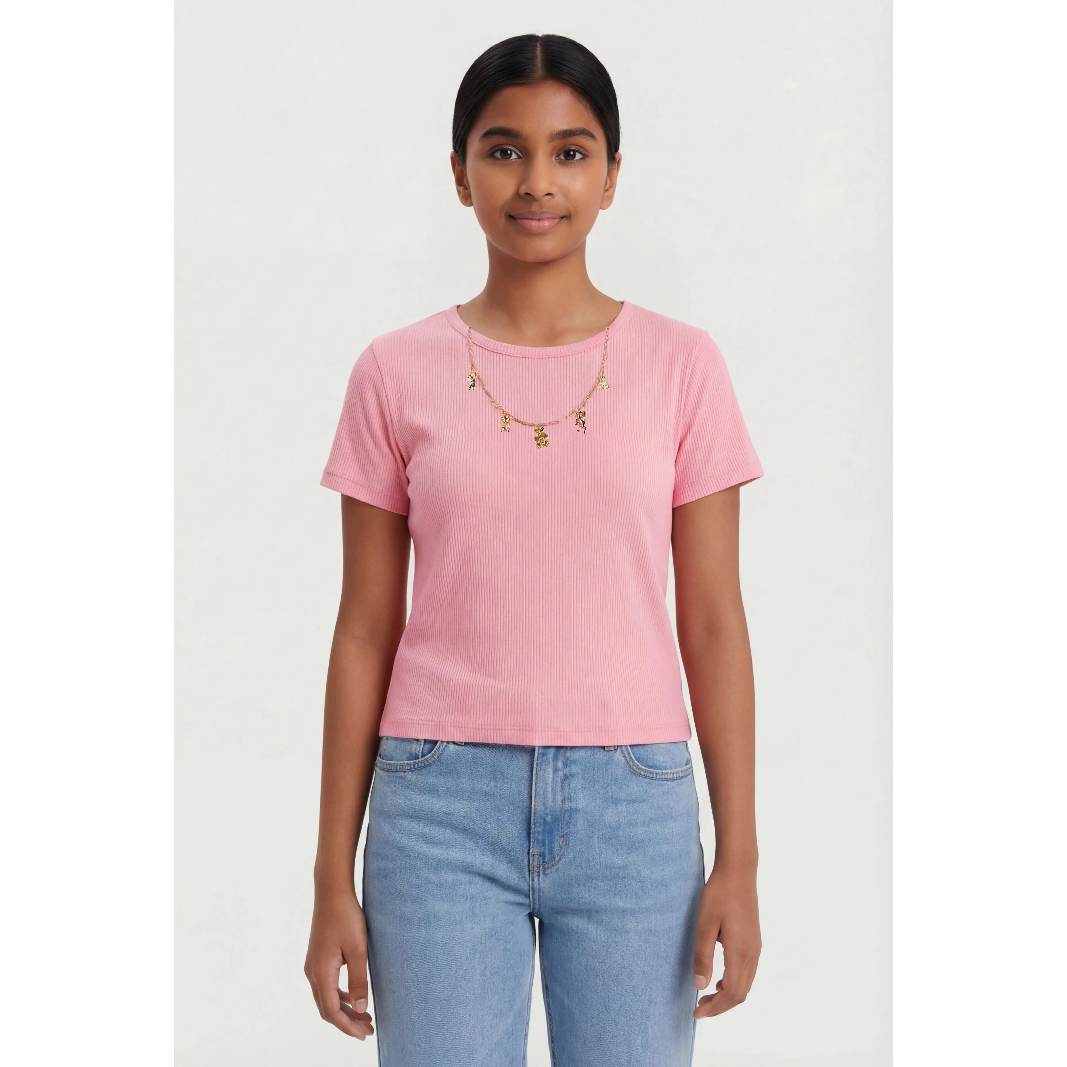 Girls Rib Knit Tee with Removable Animal Charm Chain