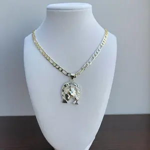 Men's Women's 14k Gold Plated Horseshoe Hip-Hop Pendant 6mm Figaro Link Chain Necklace 24 inches