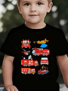 Boys' Summer Breathable & Comfortable "Fire Truck" Cartoon Print (3-12Y) Casual Sports T-Shirt