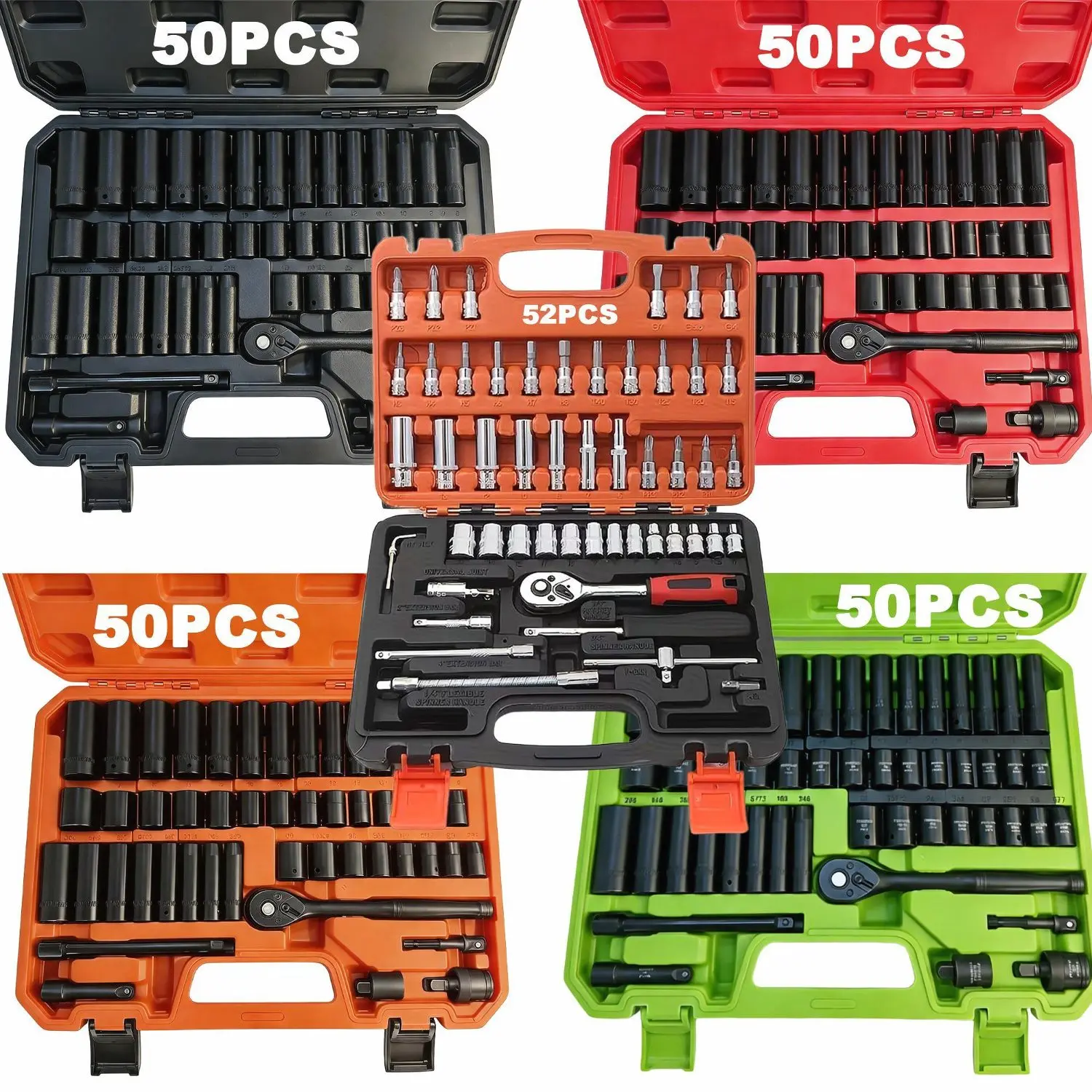 52pcs(1/4") Or 50pcs(3/8") Inch Drive Impact Socket Set | Metric (8-22mm), SAE (5/16-3/4 Inch), 6 Points, Chrome Vanadium Steel, With Adapter Ratchet Handle And Storage Box - Professional/Maintenance Personnel Set, Ideal For Daily Use And Gifting
