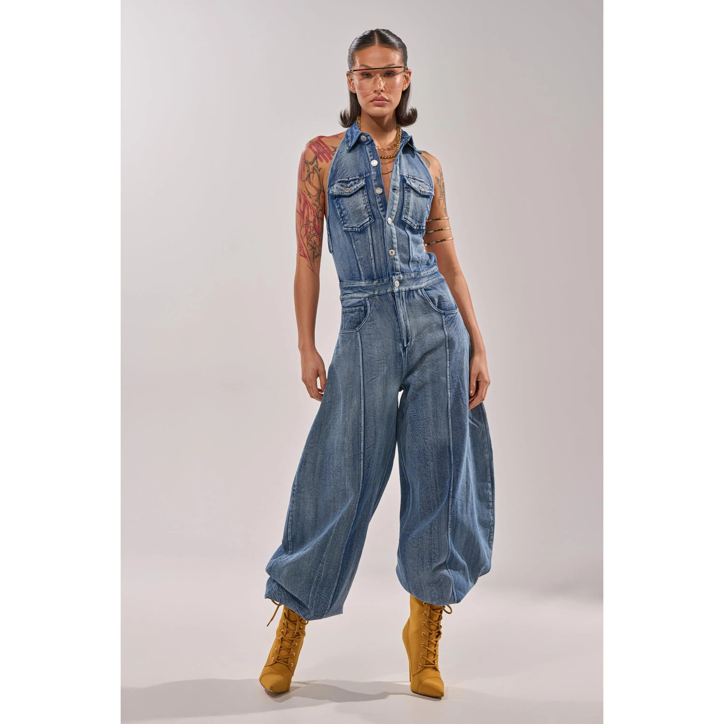 JETSETTER JUMPSUIT IN MEDIUM BLUE DENIM JETSETTER JUMPSUIT IN MEDIUM BLUE DENIM