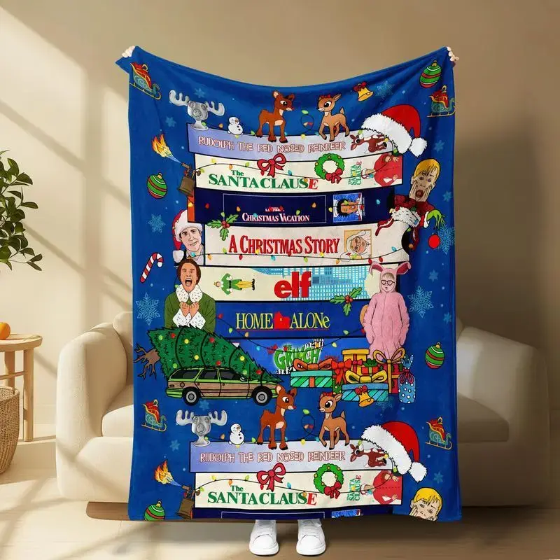 Christmas Movie-Themed Blanket – 280 GSM, soft and cozy, featuring vibrant holiday designs with gifts, snowflakes, and decorations, plus classic characters like Rudolph, Santa Claus, the Grinch, elves, and more—perfect for holidays or as a gift
