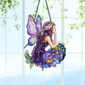 Acrylic Fairy Suncatcher, Purple Winged Window Hanging, Whimsical Fantasy Home Decor