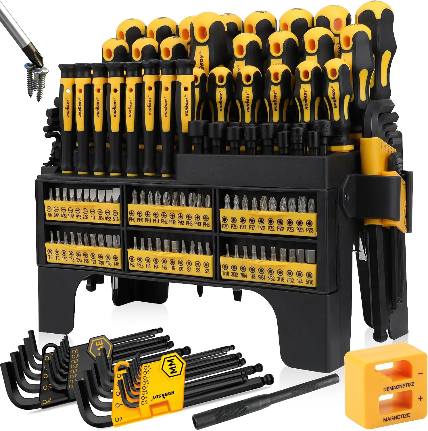 Magnetic Screwdriver Set with Plastic Racking, Includes SAE & Metric Hex Keys, Precision Screwdriver and Magnetizer Demagnetizer DIY Tools for Men Tools Gift Organization