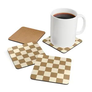 Beige Checkered Pattern Corkwood Coaster Set - Neutral Checkered Pattern Coaster Set
