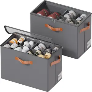 2 Pack Foldable Shoe Organizer for Closet, Stackable Fabric Storage Box with Adjustable Dividers and Clear Cover, Fits 16 Pairs, Gray