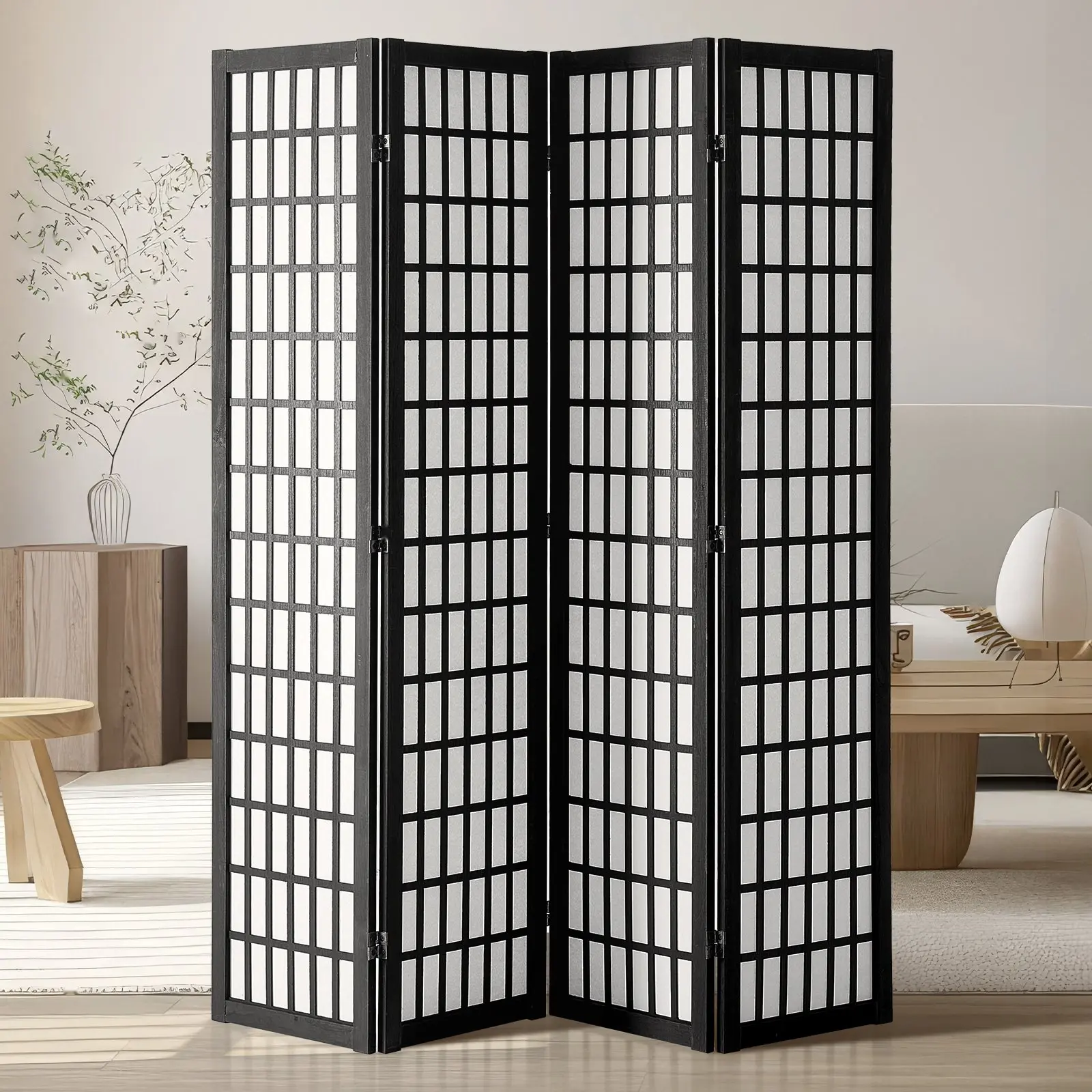 Room Divider, 4-Panel Japanese Wood Folding Privacy Screen Indoor, Portable Partition Screen For Living Room, Home Office, Restaurant, Bedroom Decor, Japanese Style Folding Screen Options Included
