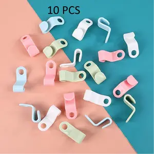 A set of 10 hanger hooks, featuring interconnected hanger rings, extension clips, space-saving design, suitable for wardrobe organization and hanger storage.