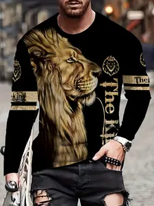 Men's lion print long sleeved T-shirt - casual round neck polyester top with slight elasticity - animal pattern T-shirt, suitable for all seasons