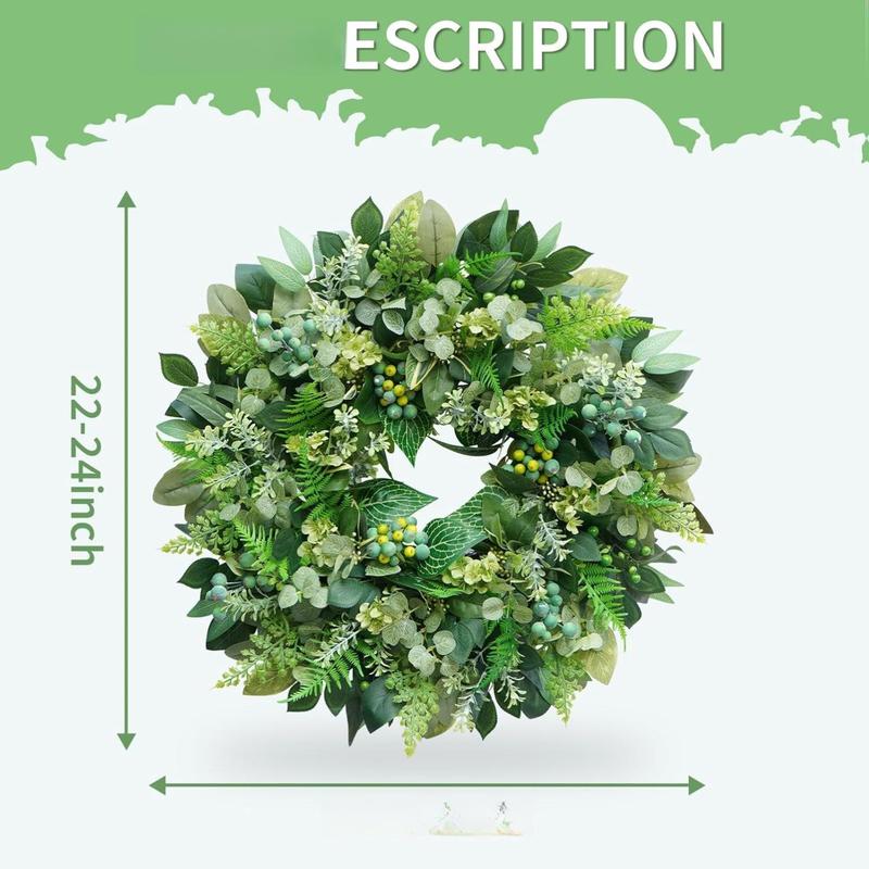 24 Inch Green Wreath for Front Door - Artificial Greenery Wreath with Berries, Indoor Outdoor All Season Year Eucalyptus Wreath for Farmhouse Home Decor, Spring Summer Fall Winter