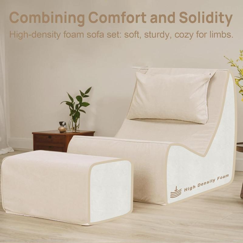 Giant Bean Bag Chair for Adults - Indoor Chaise Lounge with Neck Pillow & Ottoman, All-in-One Sponge Design, Comfy Floor Chair for Reading, Gaming, Napping, and Movies (Khaki)