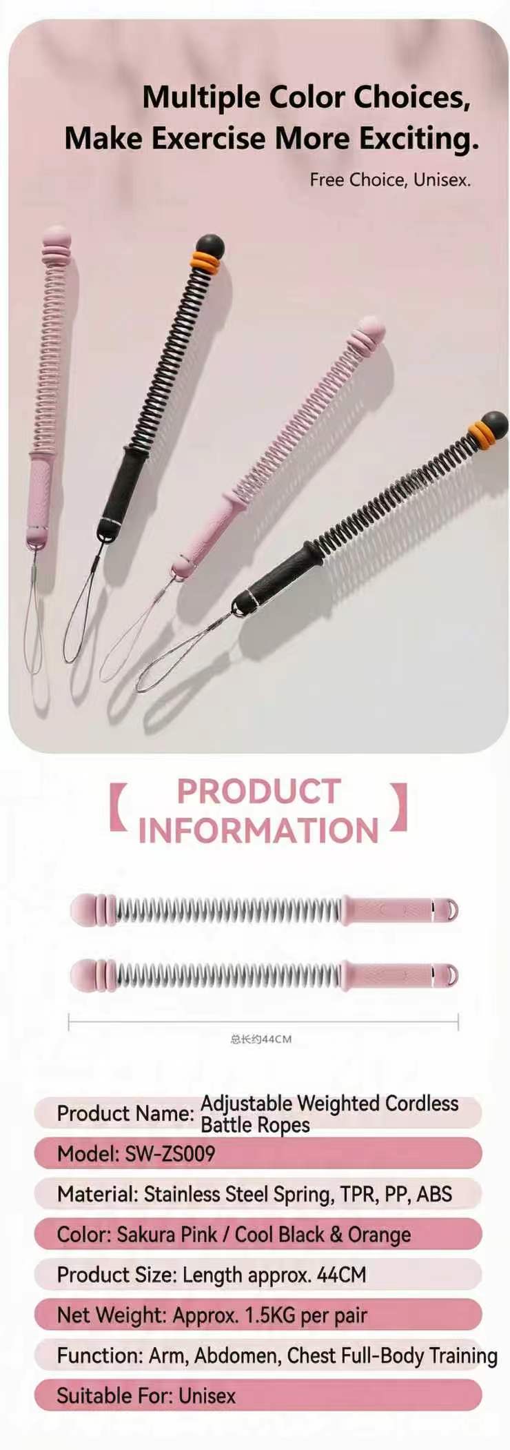 Professional Cordless Battle Ropes for Home Gym - Weighted Training Ropes for Arm & Core Strength (Black/Pink)