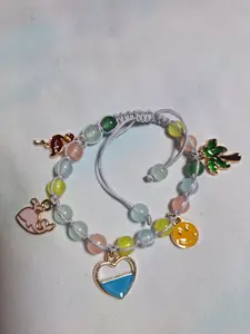 Handmade Macrame Bracelet - Tropical Beach with Pink Flamingo, Palm Tree & Smiley Charms