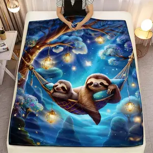 Sloths in Forest HD Printed Flannel Blanket - Ultra-Soft & Warm  Magical Nighttime Sloth Design with Glowing Lanterns & Lush Forest - All-Season Cozy Throw Gift for Adults, Teens, Nature Lovers --Warm Haven Textiles