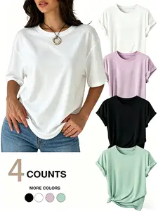 Women's 4-Pack Basic Crew Neck T-Shirts, Casual Summer Short Sleeve Rolled Cuff Tops, Soft Fabric Solid Color Tees for Daily Wear & Layering, Womenswear