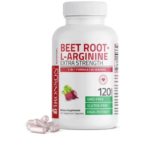 Bronson Beet Root + L-Arginine 2000 MG Capsules, Gluten-Free, Vegan-Friendly, Non-GMO, Worry-Free Dietary Supplement for Adults, Nitric Oxide Production, Cardiovascular Health, Blood Flow & Sugar Metabolism Support