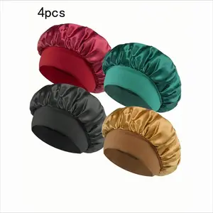 4 Pack Women Soft Satin Hair Bonnet Elastic Solid Color Sleeping Cap Lightweight Night Hair Care Bonnet for Hairstyle Protection