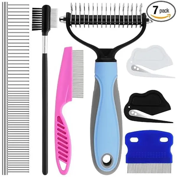 7-Pack Pet Grooming Kit – Double-Sided Deshedding Dematting Tool, Undercoat Rake, Metal Comb, Flea Comb, Tear Stain Remover for Dogs & Cats of All Coat Types