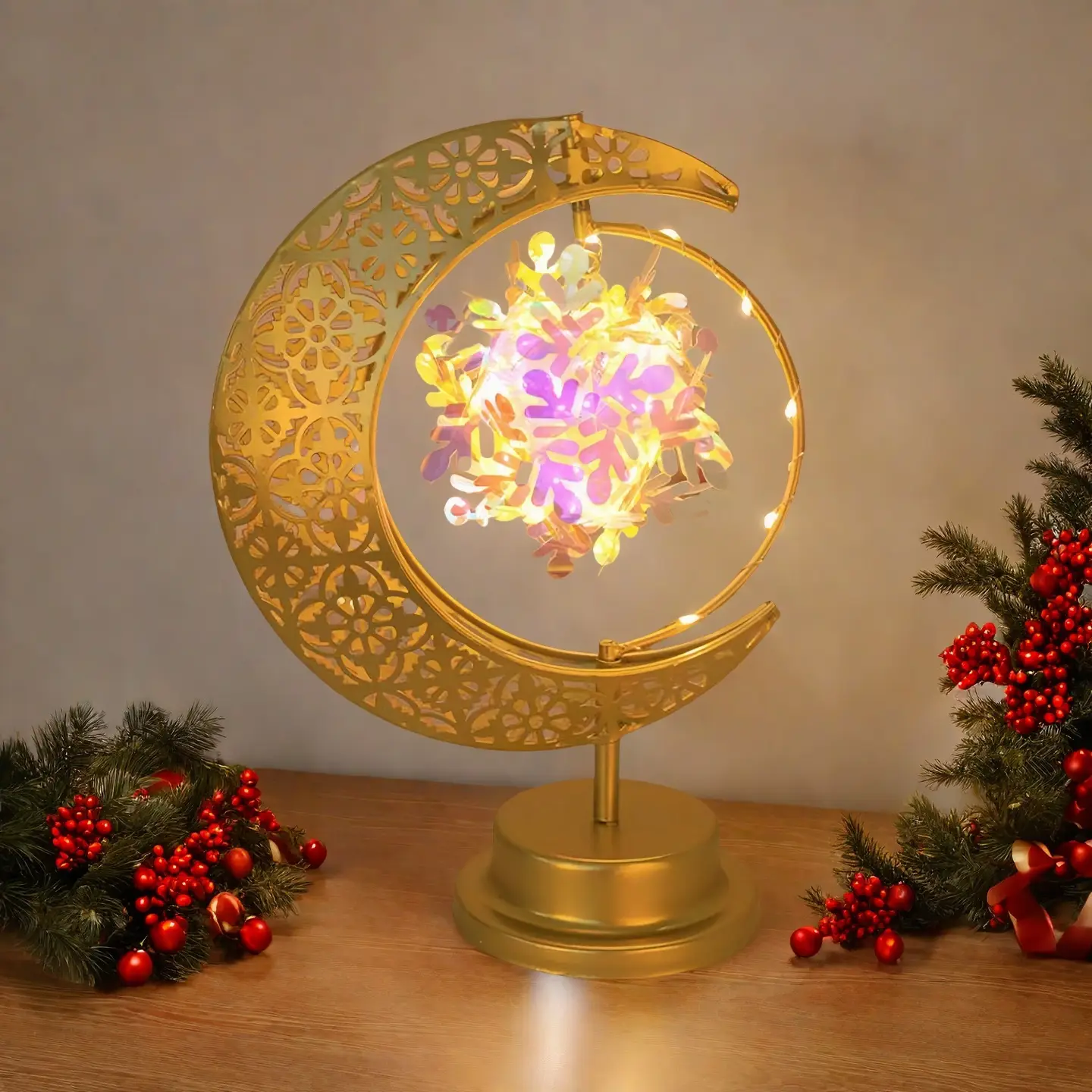 Gold LED Crescent Table Lamp - Powered by 3 x 5 batteries, cozy night light for bedroom and living room, ideal for holidays and gift giving