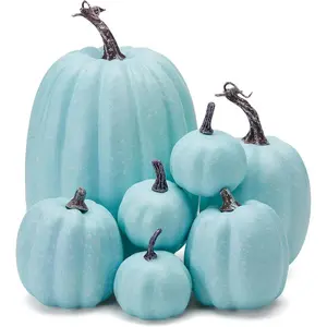 7Pcs Artificial Pumpkins of all Styles Halloween Decoration Rural Style Farmhouse Foam Pumpkin Harvest Season Thanksgiving Day is Suitable for Table top House Dining Table Party Decoration (Light Blue