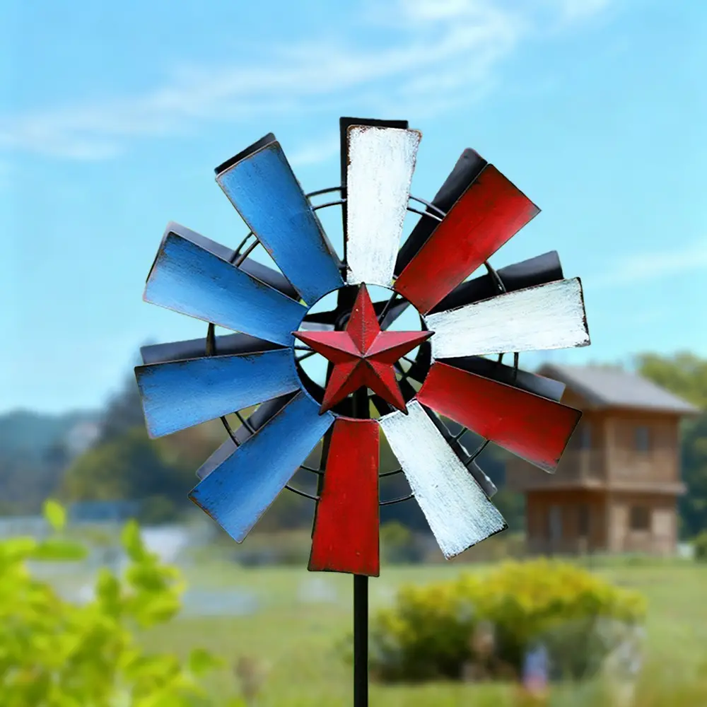 Outdoor Metal Windmill Decoration, Blue Star Patriotic Windmill, Country Garden Courtyard Lawn Patio Decor, Garden Statue, Garden Accessories, Garden Sculptures