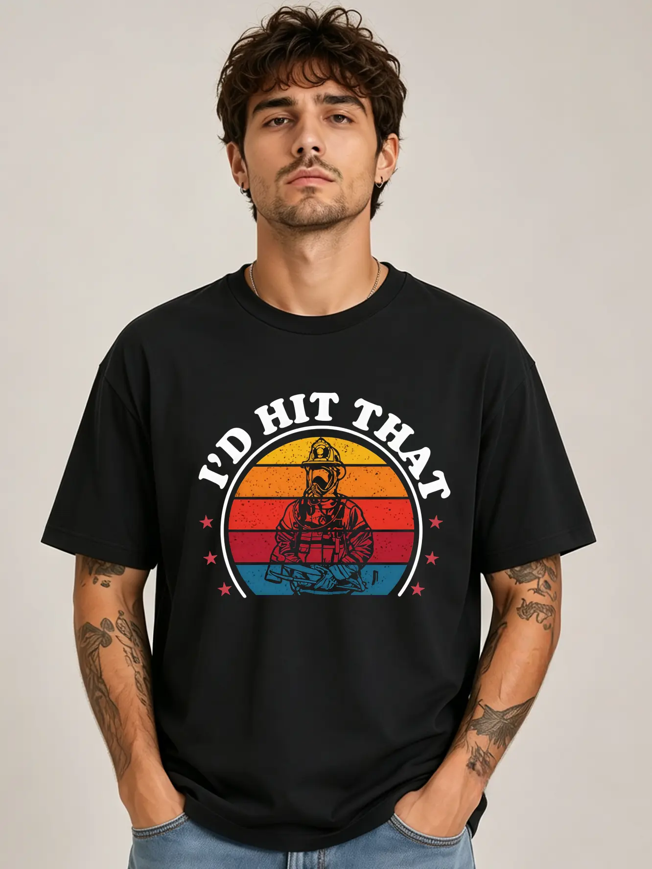 [Graphic T-Shirt] firefighter shirt - I'd Hit That Funny Firefighter Graphic Tee, Vintage Fire Rescue Humor Design, First Responder Inspired Apparel,cotton tee,printed shirts for men