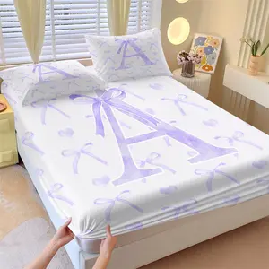 3PCS Purple Bow & Letter A-Z Print Fitted Sheet Set, No Fillers Bed Sheet Set, Coquette Watercolor Pastel Aesthetic Bedding Set, Soft Deep Pocket Bedsheet Sets for Girls Bedroom, Dorm Room & Guest Room Decor