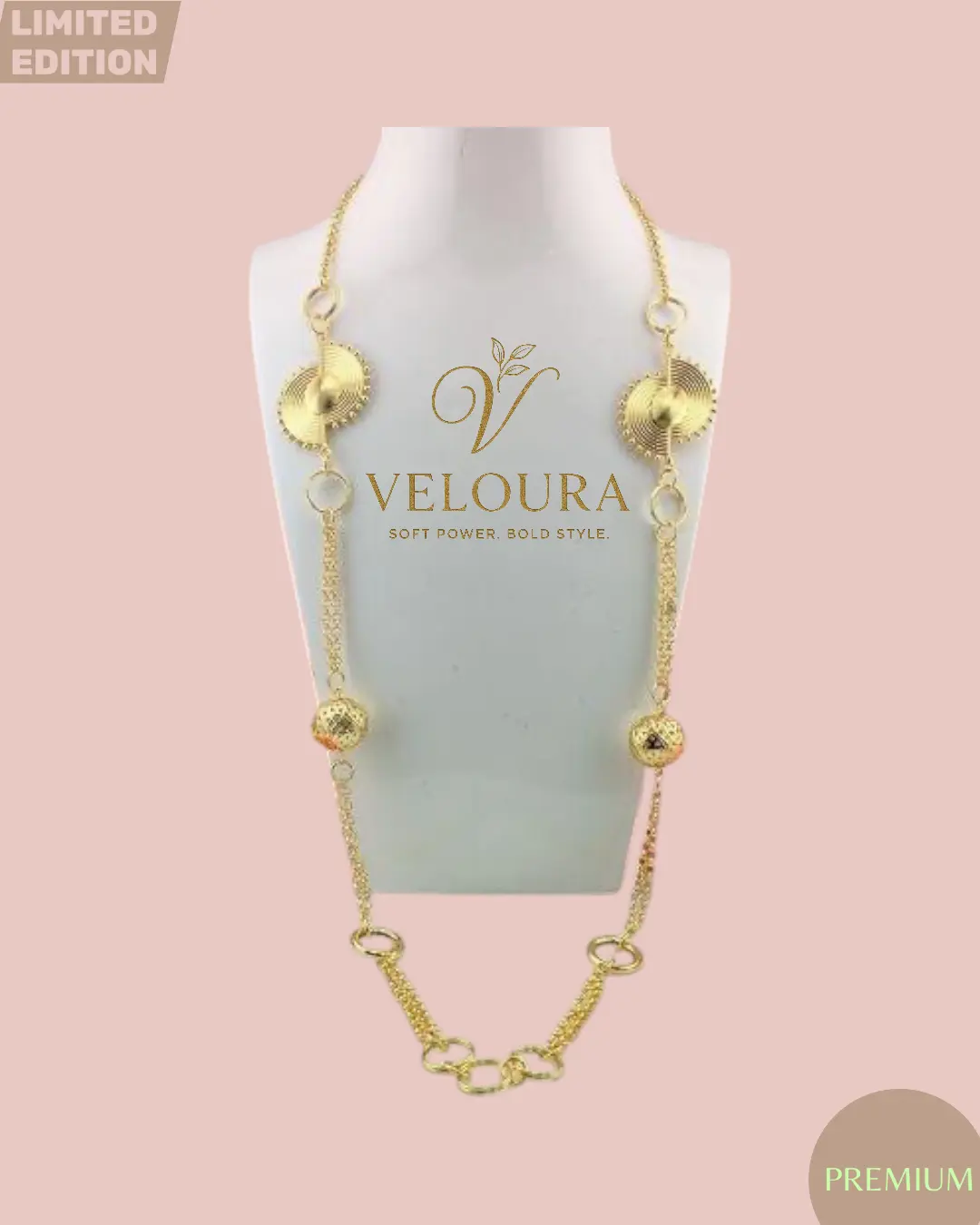 Textured Medallion & Bead Long Station Necklace (Gold)