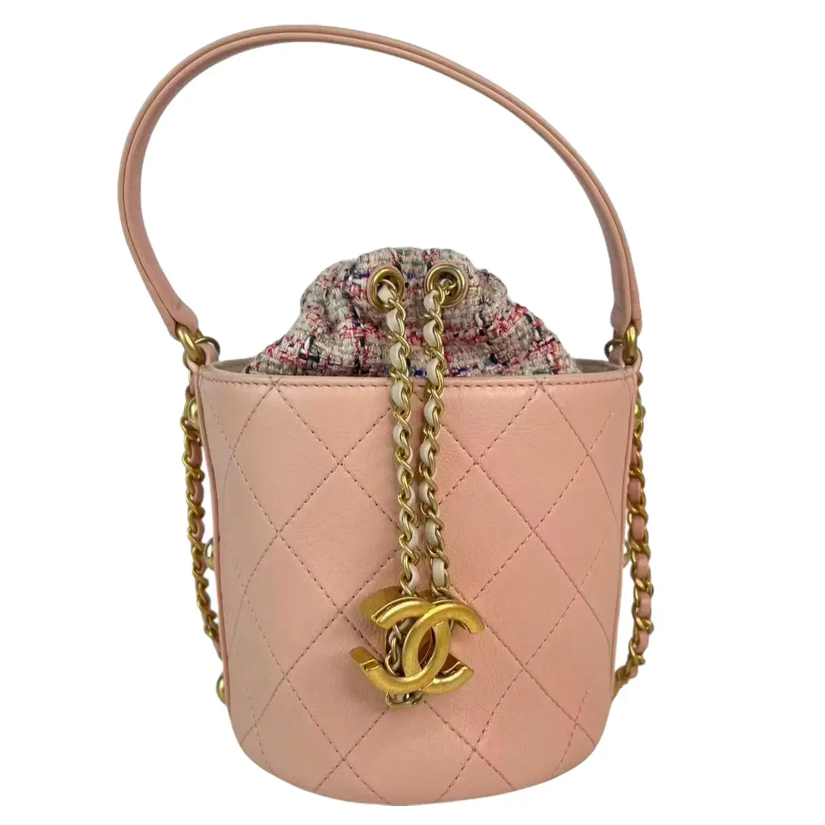 Pre-owned CHANEL Leather Bucket Bags Pink Mini Drawstring Bucket Bag