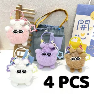 4 PCS Fluffy Ball Keychain Plush Pom Pom Bag Charm, Cute Fuzzy Keyring with Sunglasses and Sweet Pink Style, Decorative Accessory for Purse Backpack Handbag Car Keys New Year Birthday Christmas Gift