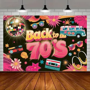 Modern Farmhouse 1pc Retro 70s Disco Party Backdrop Banner - Vibrant Amber Glow Polyester Wall Decor with "Back to the 70's" Text, Colorful Illustrations of Flowers, Stars, and Nostalgic Items - Perfect for Ho Ornaments