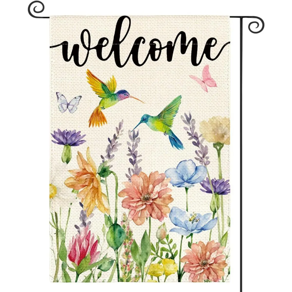 Welcome Hummingbird Butterfly Decorative Garden Flag, 12x18in Double-Sided Watercolor Wildflowers Outdoor Decor, Floral Welcome Banner for Patio Porch