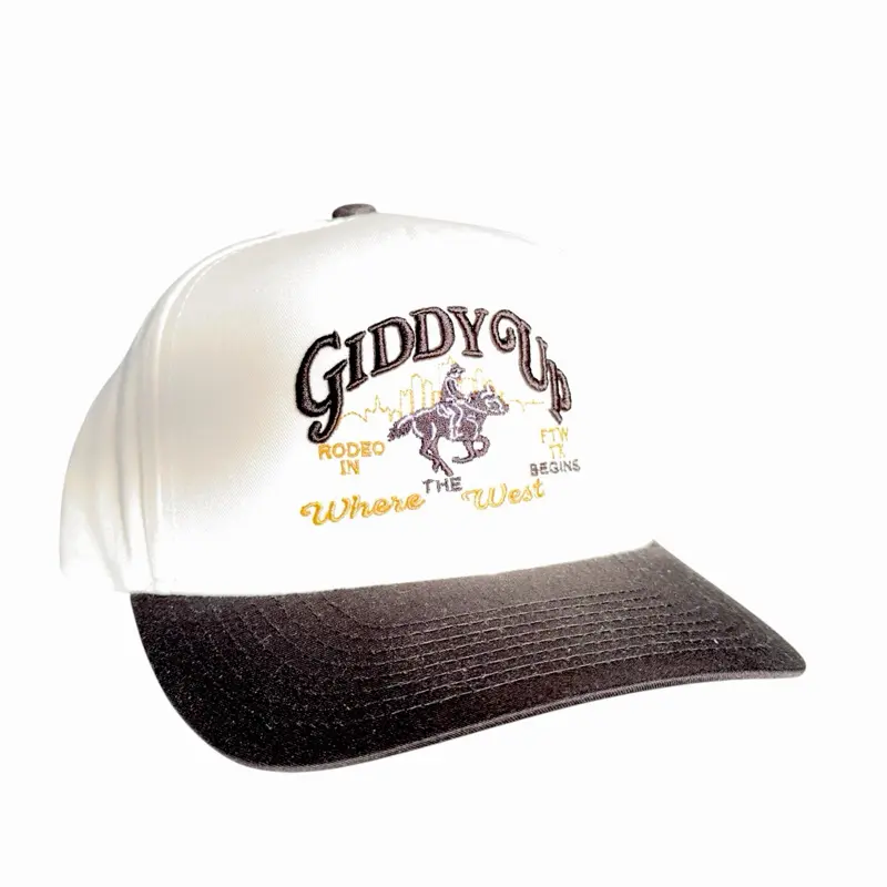Giddy Up Puff Embroidery Hat Fort Worth Rodeo Where the West Begins Cream and Black Trucker Cap