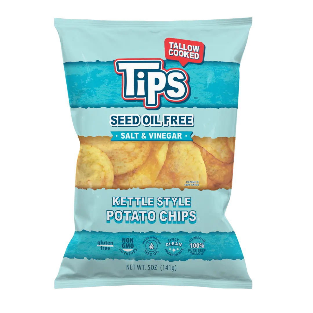 TIPS Beef Tallow Potato Chips — Salt & Vinegar — Seed Oil Free Kettle Chips