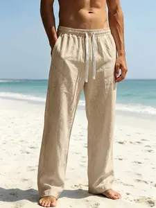 Men's Linen Wide Leg Pants, Elastic Waist Drawstring Loose Beach Vacation Long Pants, Comfortable Casual Summer Wear