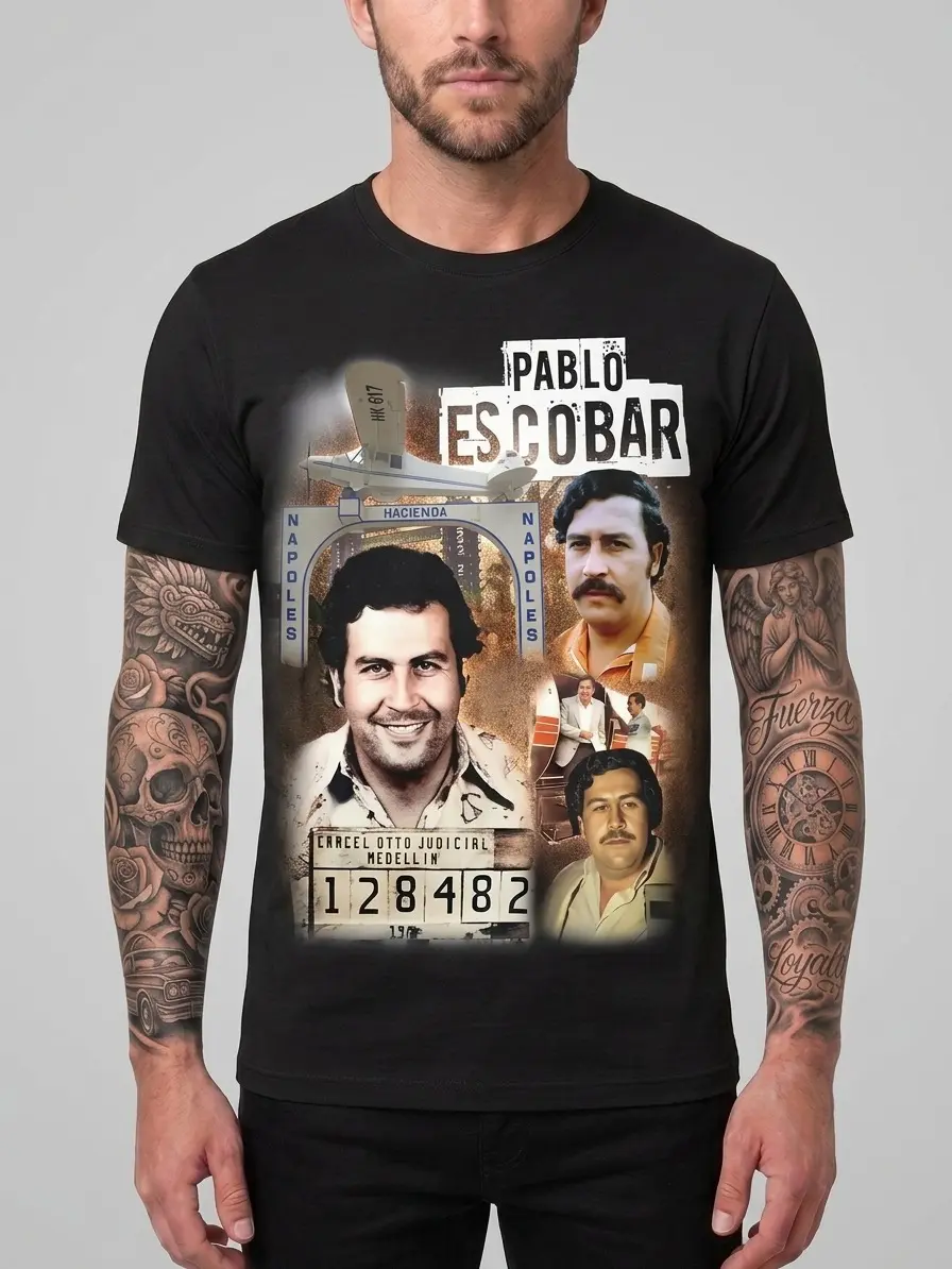 Men's Graphic T-Shirt, Retro Pablo Escobar Digital Print, 100% Cotton Shortsleeve Fabric, Fitted Cut, Eco-Conscious Streetwear, Round Neck, Tshirt, Casual Fit