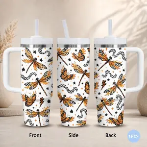Flame Checkerboard Butterfly Seamless Vacuum Flasks 40oz Stainless Steel Tumbler with Handle & Straw – Vacuum Insulated Travel Mug, Keeps Drinks Cold Up to 34H, Leak-Resistant Cup for Iced Coffee, Water, Gym, Office & Travel