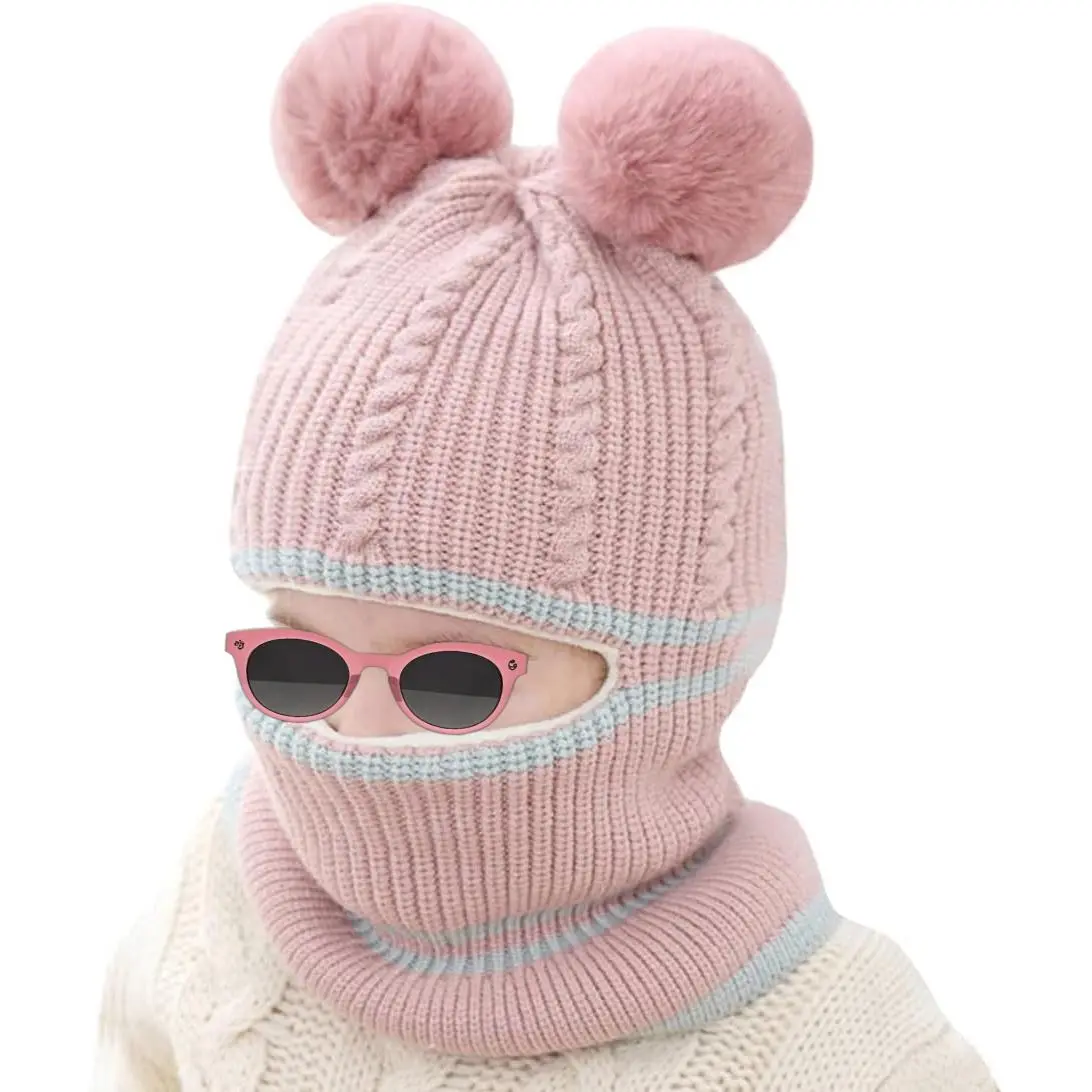 2-in-1 Toddler Winter Hat and Balaclava, Cute Fleece Lined Knitted Beanie with Pom Pom and Ear Flaps for Baby Boys & Girls, Cute Beanie Hat