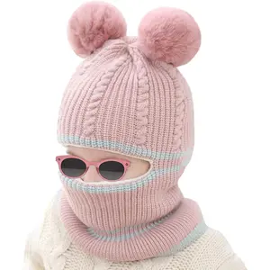 L-HDW010   Toddler Winter Hat Baby Balaclava 2 in 1,Fleece Lined Knitted Beanie with Face Mask, Ear Flaps & Pom Pom for Boys Girls